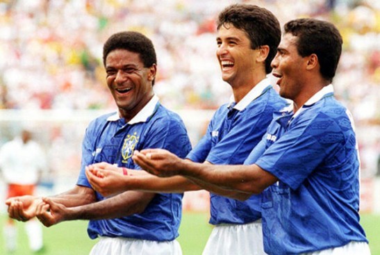 Mazinho, Bebeto and Romario celebrate for Bebeto's newborn son after he scored against Holland in the 1994 World Cup
