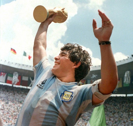 Diego Maradona lifts the FIFA World Cup Trophy for Argentina